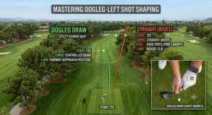 Top-down graphic showing how to shape a utility hybrid shot around a dogleg on a golf course.