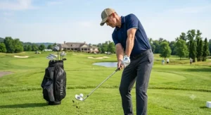 Golfer using a long iron from a wood hybrid combo set on a manicured golf course.