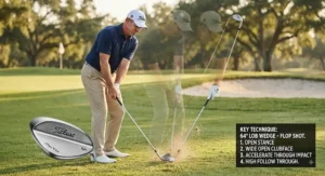 Instructional illustration demonstrating the proper technique for a flop shot using a 64-degree high loft lob wedge.