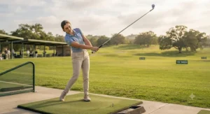 Beginner golfer successfully swinging super game improvement max forgiveness irons at the driving range