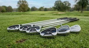 Set of super game improvement max forgiveness golf clubs laid out on the turf