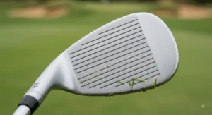 Close-up view of the precision-milled grooves on a versatile sand wedge for enhanced spin control.
