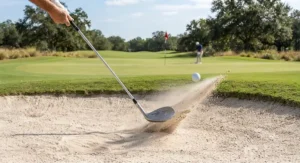 Illustration showing the club sliding through the sand beneath the golf ball.