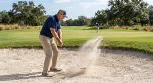 Golfer executing a splash shot from the sand trap using a sand wedge.