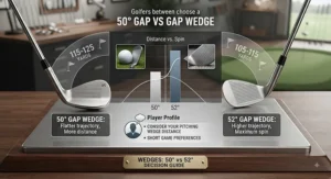Graphic illustrating yardage gaps to help golfers decide between a 50-degree and 52-degree wedge.