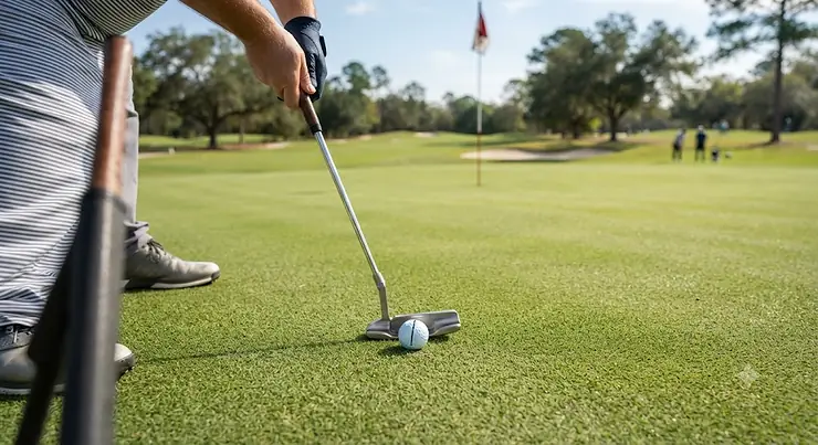 A golfer looking down at a classic blade putter design at address on a manicured green.