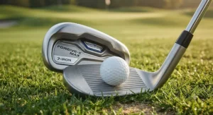 Close-up view of an oversized cavity back max game improvement iron showing a wide sole and perimeter weighting.