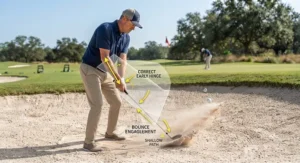 Golfer practicing proper wrist hinge and bounce technique in a practice bunker.