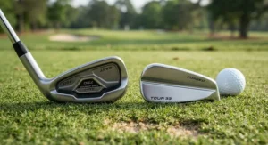 Side by side comparison of golf clubheads highlighting the sleek profile of players irons with a forged feel