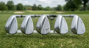 A lineup of golf wedges featuring a versatile sand wedge with a high-loft clubface.