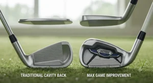 Side-by-side comparison showing the thicker top line and deeper cavity of modern max game improvement irons.