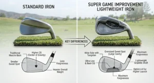 Side-by-side comparison chart showing standard irons versus super game improvement lightweight irons.