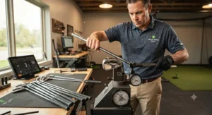 A golf club fitter adjusting loft and lie angles on a custom set of max game improvement irons.