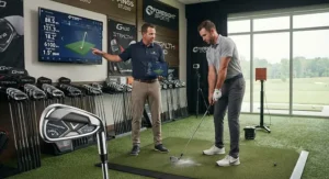 Golf fitter analyzing swing data during a fitting session for offset game improvement irons