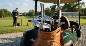 A complete set of custom-fitted players irons featuring advanced forged feel technology on a golf cart