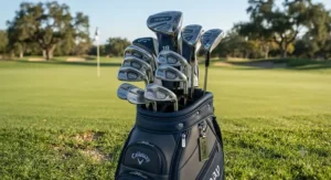 Full set of brand new offset game improvement irons displayed in a premium golf bag