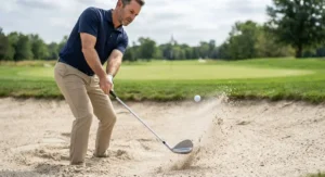Executing a bunker shot with a 50-degree gap wedge to reach the green.