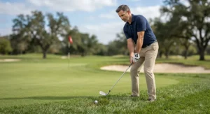 Golfer demonstrating a controlled chip shot around the green using a 50-degree gap wedge.