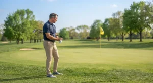 Golfer evaluating a full gap wedge approach shot toward the flagstick on a green.