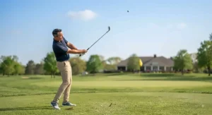 High-trajectory ball flight achieved from a full gap wedge shot on a sunny golf course.