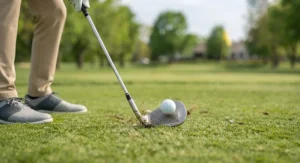 Detail view of the club face making clean contact with the ball during a full gap wedge swing.
