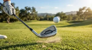 A golf ball launching high into the air off the face of a max game improvement iron on a sunny day.