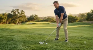 A golfer setting up a shot on the fairway using high-loft, maximum game improvement irons.