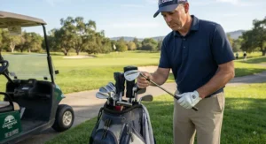 Golfer selecting a high loft 60 degree lob wedge from their golf bag during a round at a public American golf club.