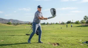 An American golfer practicing with super game improvement lightweight clubs at a driving range.