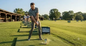 Golfer testing out new players irons on a driving range to evaluate distance control and forged feel