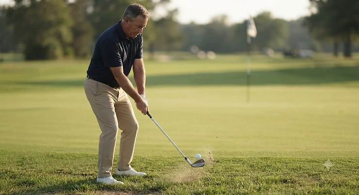 A golfer executing a short chip shot onto the green with a 48-degree pitching wedge. pitching wedge 44 48 degree
