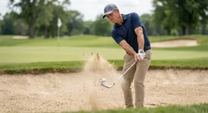 A golfer hitting out of a deep greenside bunker using a versatile sand wedge.