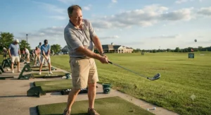 High handicap golfer hitting offset game improvement irons at a driving range