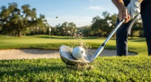 High-speed photography showing the impact zone of a 60-degree lob wedge interacting with the golf ball.