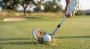 Close-up of clubface impact during a delicate lob wedge finesse shot