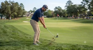 The moment of impact during a pitching wedge approach shot towards the pin