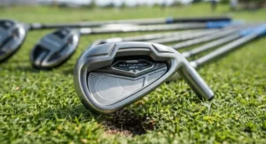 Close-up of a super game improvement lightweight iron showing the large sweet spot and deep cavity back.