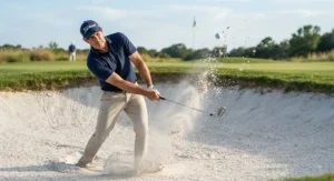 Golfer using a high loft 60-degree lob wedge to hit a high-trajectory escape shot from a sand bunker.