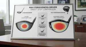 Comparison diagram showing the expanded sweet spot of a super game improvement max forgiveness driver