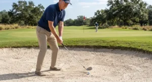Golfer addressing the ball with an open clubface for a bunker shot.