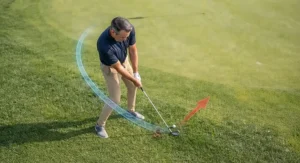 Overhead perspective showing the club path and arc during a full gap wedge swing.