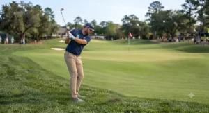 Full follow through of a pitching wedge approach shot on a clear day