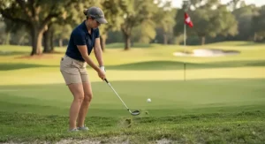 A golfer executing a delicate chip shot near the green with a versatile sand wedge.