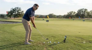 Golfer practicing controlled lob wedge finesse shots on the practice green
