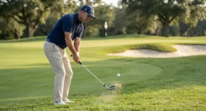 Professional golfer executing a delicate short-game chip shot using a high loft 64-degree lob wedge.
