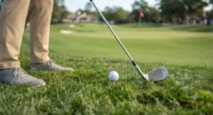 Close up view of ball position for a pitching wedge approach shot