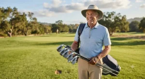 Senior golfer smiling while holding a set of lightweight offset game improvement irons