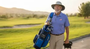 A senior golfer smiling while carrying a bag of super game improvement lightweight golf equipment.