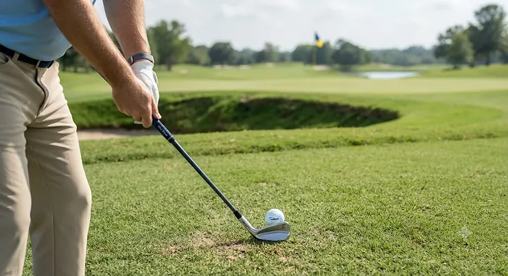 Golfer looking down at a compact tour players iron at address on the course tour players irons compact
