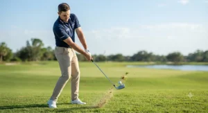 Professional golfer striking a ball cleanly with a compact tour players iron